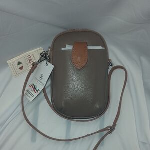 Brown and Tan Leather Belt Bag with Flap Closure